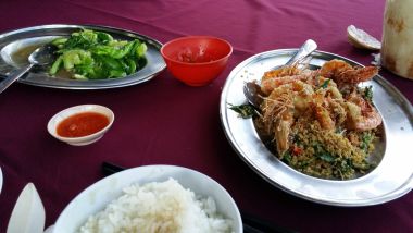 Dinner - Prawns, greens and rice