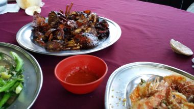 Dinner - Peppercorn crab, greens and prawns