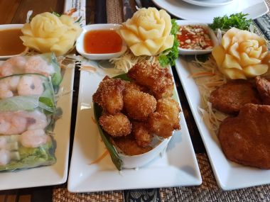 Spring Rolls, Spicy Crispy Squid, and Fish Cakes