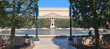 Fountain in the National Gallery of Art Sculpture Garden with National Archives Museum Behind